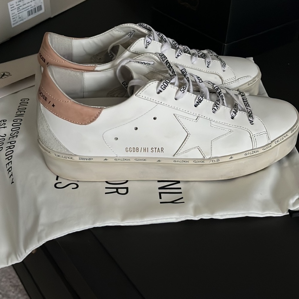 Golden Goose White and Tan Sneakers